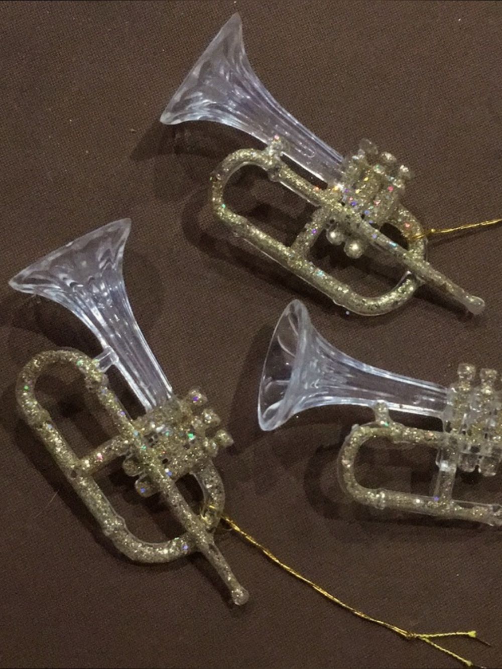 Clear 3D Trumpet Christmas Ornaments Gold Glitter Set of 3 Symphony NEW